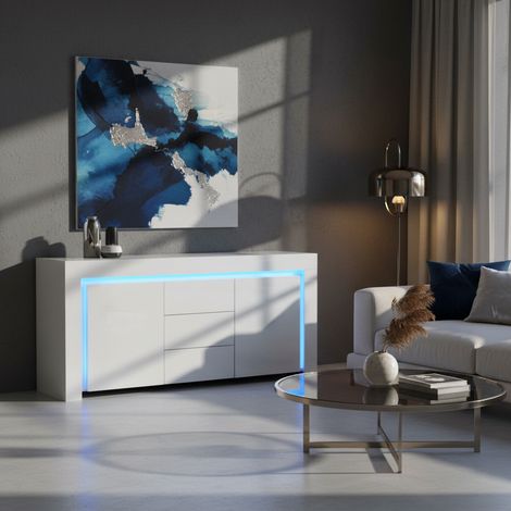 URBAN MEUBLE Buffet blanc laqué brillant avec éclairage LED 2 portes 3 tiroirs 140x40x65cm