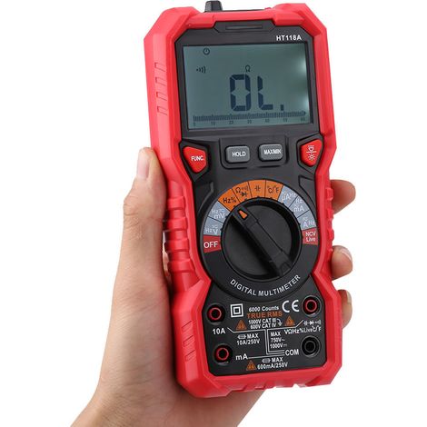 HT118A Tragbares digitales Multimeter mit AC/DC-Messung, Volt-, Ampere-, Ohm-, Kapazitäts-, Hz- und Temperaturmessgerät sowie Taschenlampe (1/5)