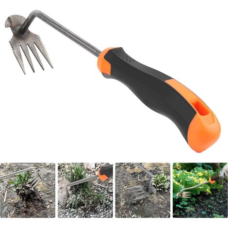 Désherbeur manuel, outil de jardinage, manche long en caoutchouc, lame à 4 dents en acier au manganèse