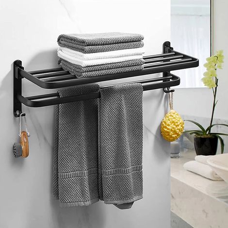Sifree – Porte-serviette mural pliable en aluminium noir mat – Double couche 60x21x17 cm – Résistant à la corrosion – Installation facile (1/5)