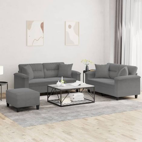 3-tlg. Sofagarnitur mit Kissen Dunkelgrau Mikrofasergewebe