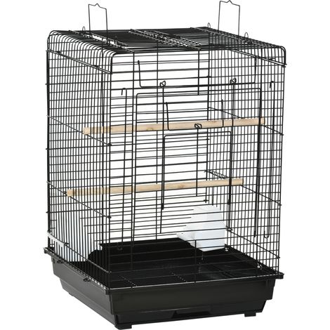 Cage oiseau métal noir avec mangeoires, perchoirs, plateau amovible et poignée - 40x40x59 cm (1/5)
