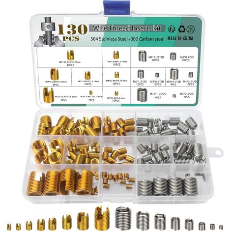 130 Pcs Kit de Réparation de Vis à Insert de Filetage Autotaraudeur en Acier au Carbone,Inserts de Réparation de Filetage,Vis d'Insertion de Filetage en Acier Inoxydable (1/5)