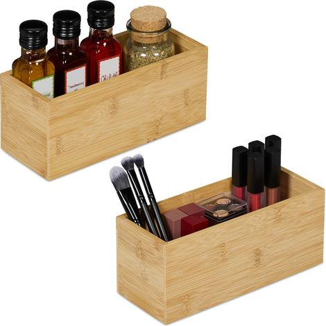 Relaxdays Aufbewahrungsbox Bambus, 2er Set, Ordnungsbox ohne Deckel, HBT: 9,5x23x9 cm, Bambusbox Küche, Bad, Büro, natur