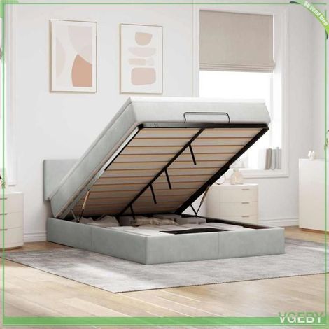 Cadre de lit ottoman avec matelas - 140x200 Velours gris clair - Rangement hydraulique - Matelas 20 cm ensaché - Surmatelas 5 cm (1/5)