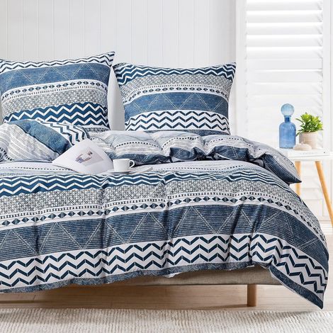 Housse de Couette 220x240 Bleu Blanc Rayures Géométriques Modèle Parure de Lit Moderne Doux Microfibre Linge de Lit 2 Personne Adulte avec Fermeture Éclair avec Taie d'oreiller 65x65 cm