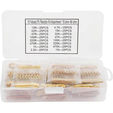 400 Stück 1/2W Kohlewiderstände, 16 Werte, 10 Ohm–1 MΩ, Sortiment, Komponenten-Kit