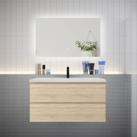 Meuble de salle de bain à deux tiroirs avec lavabo et miroir LED antibuée - chêne L.100cm suspendu