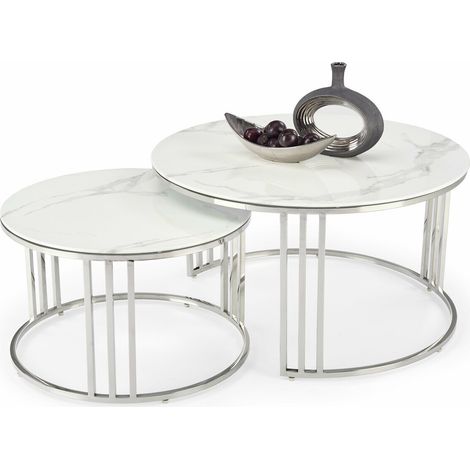 Conjunto mesa de centro Houston 1503, Plata + Mármol blanco, 45x0x0cm, Diámetro: 80, Vidrio templado, Redonda, Parcialmente montado