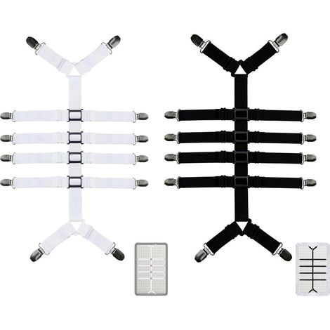 Bettlakenspanner 2er Set, Verstellbar mit Metallclips, Y-Design, Schwarz & Weiß