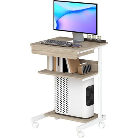 Bureau compact roulant avec tiroir étagères 4 roulettes en panneau de particules et métal pour rangement (1/5)