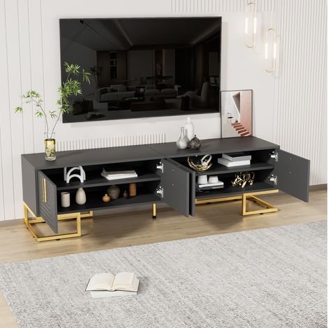 Meuble TV 170x40x45.5 cm gris en panneau de particules avec 4 portes, rangements intégrés et pieds dorés (1/5)