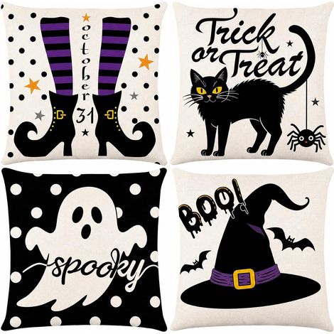Fundas de cojín de Halloween de 45x45 cm (juego de 4), decoraciones de Halloween: fantasma, gato negro, sombrero de bruja y botas. (1/5)