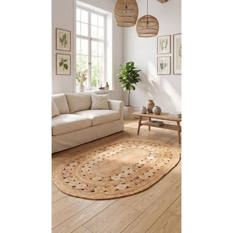 Tapis en jute Darcia - Tapis en laine  - 230x160cm, Oval - 100% Jute - Tissé main - Naturel