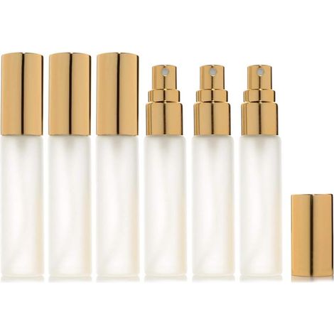 Lot de 6 flacons vaporisateurs en verre givré - 10 ml - Rechargeables - Pour parfum - 2 pipettes de 3 ml (doré) (1/4)
