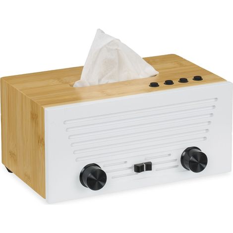 Relaxdays Caja para Pañuelos, Dispensador Toallitas Cosméticas en Diseño de Radio, Cajita Tisú, Bambú, Blanco/Natural