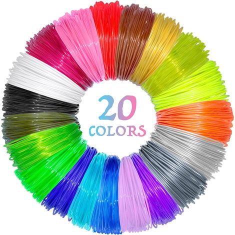 Lot de 20 recharges de filament PLA pour stylo 3D, 1,75 mm, pour imprimante 3D/stylo 3D, chaque couleur, 97,5 m, total de 97,5 m, avec 2 capuchons de doigts (1/5)