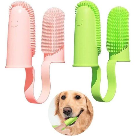 Brosse à dents pour chien, lot de 2, poils enveloppants à 135°, pour le nettoyage des dents des chiens, brosse à dents pour chiots, chats et petits chiens (rose et vert) (1/4)
