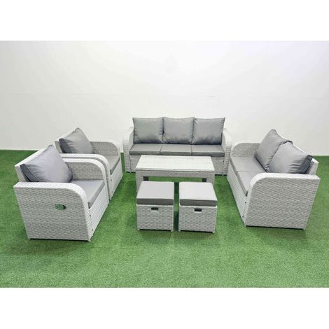 Fimous PE Rattan Garden Furniture Set Adjustable Chair Sofa Double Love Seat 2 Seater Sofa Lounge Set Rectangular Coffee Table 2 Stools Light Grey (1/4)