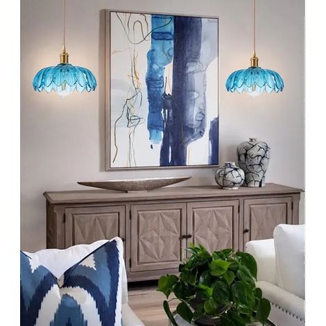 2x Suspension Luminaire Moderne,Lustre Vintage Abat-jour en Verre Design Fleurs Bleu Lampe de Plafond Retro pour Salon (1/5)