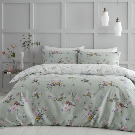 Catherine Lansfield Songbird King Duvet Cover Bedding Bet Set Sage Green Reversible