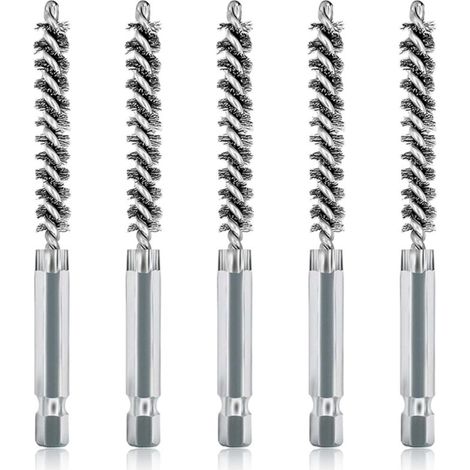 Lot de 5 brosses de nettoyage en acier inoxydable de 8mm avec poils en acier inoxydable pour perceuse électrique, brosse métallique abrasive avec tige hexagonale de 6,35 mm (1/5)