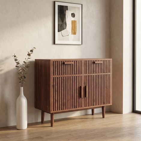 Cassettiera 100, 2 ante e 2 cassetti, madia 100, cassettiera per camera da letto, design a doghe verticali, mobile contenitore per soggiorno/sala da pranzo, scandinavo(100×35×80cm, colore noce) (1/5)
