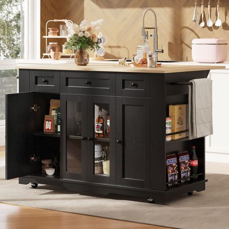 Küchenwagen mit Schublade, Seitenregalen und Klappplatte, verstellbarem Stauraum, MDF, Schwarz und Natur