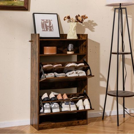 Design moderne industriel meuble à chaussures 2 abattants, rangement étroit avec niche ouverte pour entrée (1/2)