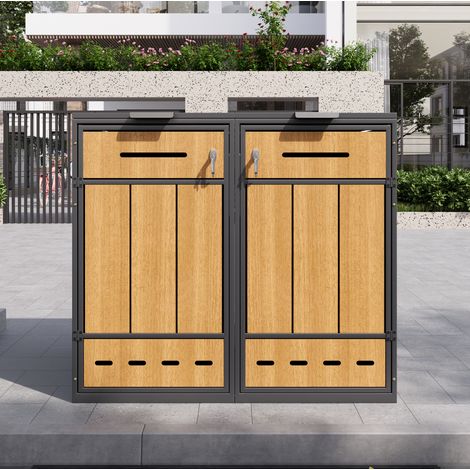 Doppel-Mülltonnenbox 132×80×118 cm aus Stahl, grau in Holzoptik, belüftet – MEUBLIV (1/5)
