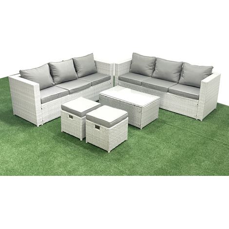 Fimous Garden Outdoor PE Rattan Furniture Set 8 Seater Rattan Garden Sofa Set with 2 Small Footstool Light Grey Mixed (1/5)
