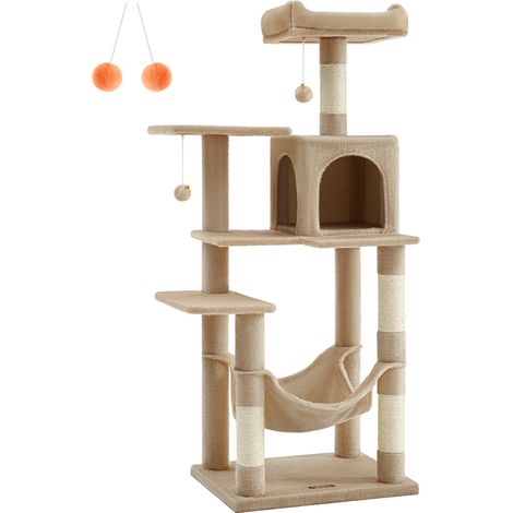 Feandrea – Arbre à chat 143 cm – Multi-niveaux avec 4 poteaux à griffer, 2 plateformes, 1 niche, 1 hamac, 2 pompons – Tissu peluche marron camel