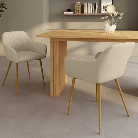 Lote de 2 sillas de comedor y sillones de mesa LINE de terciopelo beige con patas efecto madera