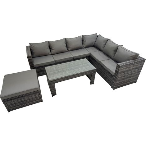 Fimous Outdoor Rattan Oblong Coffee Table Corner Sofa Sets Garden Furniture Set with Big Stool Dark Grey Mixed (1/5)