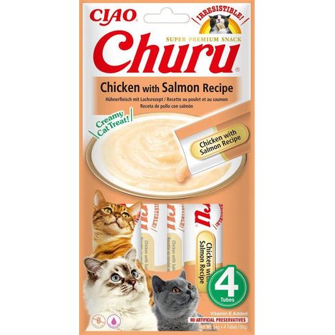 INABA CHURU - FRIANDISES POUR CHATS EN PURÉE AU THON & SAUMON - 4 TUBES X 14G - DÉLICIEUX SNACKS POUR FÉLINS - TEXTURE LISSE ET