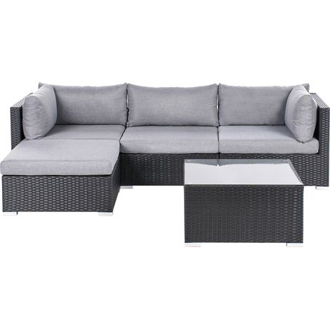 Conjunto de jardín 4 plazas con mesa de centro cuadrada cojines grisese de ratán negro derecho Sano (1/5)