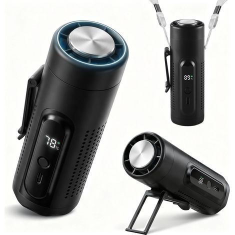 Ventilateur Portable, 3 en 1 Ventilateur à Main avec Plaque Rafraîchissante, Mini Ventilateur Rechargeable 5 Vitesses avec Écran LED, Support de Bureau & Lumière pour Voyage Bureau (Noir) (1/5)