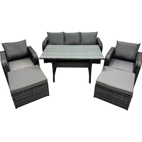 Fimous 7 Seat Outdoor Wicker PE Rattan Garden Furniture Set Dining Table Sofa Set with 2 Big Stool Dark Grey Mixed (1/5)