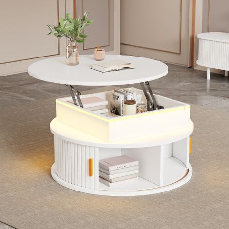 Table basse ronde relevable 75x75x52 cm - avec éclairage LED - 2 portes enroulables - compartiments de rangement - blanc (1/5)