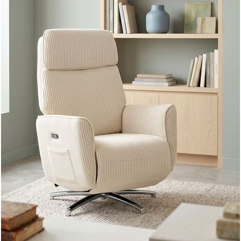 Fauteuil relax électrique 2 moteurs, inclinable avec repose-pieds, têtière réglable et rotation à 360°, revêtement polyester effet velours côtelé, USB-A/C – CHICFURN (1/5)