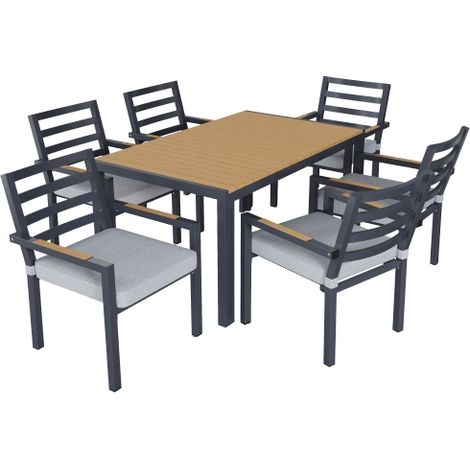 Salon de jardin 6 places ensemble table et 6 chaises pour repas extérieur fer galvanisé plateau en composite gris (1/5)