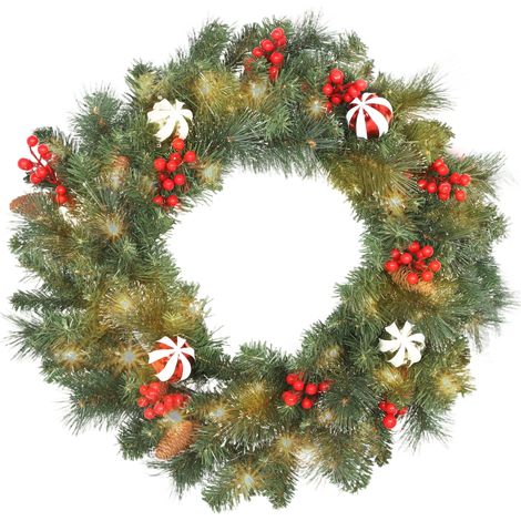 Ghirlanda natalizia luminosa da 60 cm con 50 LED, timer, 146 punte, pigne, bacche, palline decorative, verde (1/5)