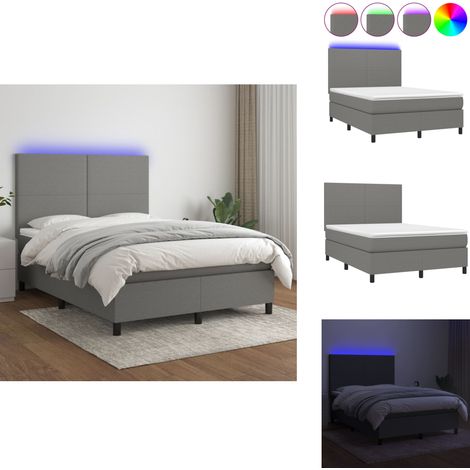 Sommier à lattes de lit et matelas et LED Gris foncé 140x190 cm - Sommier Tapissier - Lit Plateforme - Matelas À Ressorts Ensachés - Éclairage LED - Têtière Ajustable (1/5)