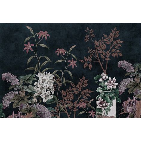 Papier peint panoramique moderne jungle Tapisserie panoramique fleurie couleurs foncées Papier peint panoramique sur fond noir pour cuisine (1/2)