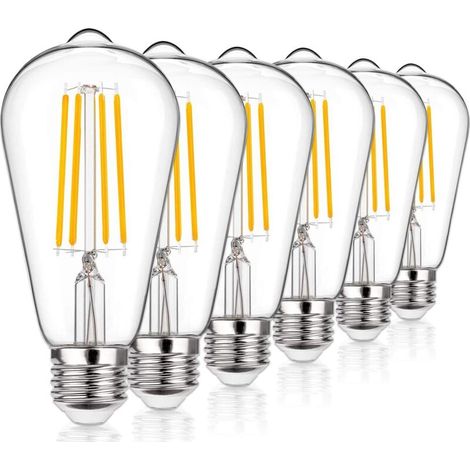 Ampoule LED Vintage Edison, E27 Edison Vis ST64 Filament Ampoule 4W (équivalent 40W) 400LM 2700K Blanc Chaud, Lampe Antique Style Rétro à l'Ancienne, Paquet de 6 Verre Clair (1/5)