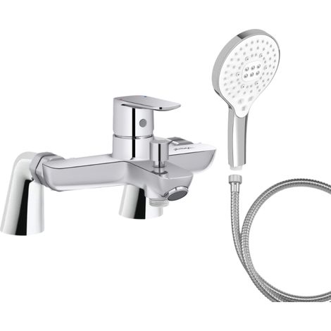 Mitigeur baignoire JACOB DELAFON July+ + pommeau de douche Metro signature + flexible de douche métal + colonnettes (1/4)