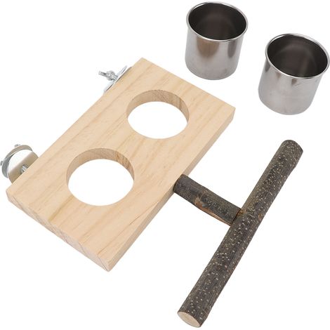 Mangeoire pour cage à oiseaux avec perchoir, gamelle en acier inoxydable et en bois pour perruches et calopsittes. (1/5)