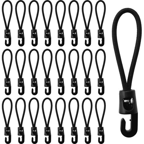 Paquete de 25 cuerdas elásticas de goma negra, de 10 cm de largo, con ganchos de plástico para tiendas de campaña, redes, lonas de remolques y camping. (1/5)