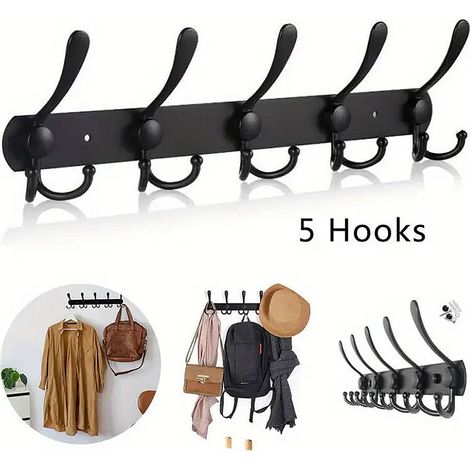 DOLASO Lange Wandgarderobe, 5 Haken zum Aufhängen von Mänteln, Wandgarderobenhaken, Wandgarderobe, Haken für Kleidung, Jacke, Hüte, Schwarz (1/4)