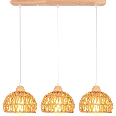 3 Lampes Suspension Luminaire Vintage Lustre Industriel en Bois Rotin Cage Abat-jour Rétro Lampe Plafond E27 Éclairage Décoration Suspension pour Salon Cuisine Restaurent (Barre, Rotin Marron) (1/5)